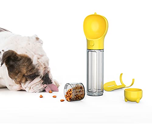 Image of inchA+a Pets' Multifunctional 4in1 Dog Cat Water Bottle, Pet Portable Water Bottle with 500ML Water Tank, Food Storage, Poop Shovel & Poo Bag, Leak Proof Button Design, Lightweight & Portable for Travel, Camping (Yellow) inch