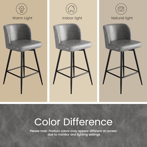 Image of Swivel Bar Stools Set of 6, 26 inch Counter Height Bar Stools with High Back and Metal Legs, Faux Leather Bar Chairs, Modern Barstools for Kitchen Island, Light Grey