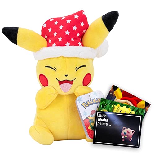 Lively Moments Pokémon - Peluche de Pokémon (aprox. 20 cm, diseño de Pikachu con ojos cerrados) con gorro de Navidad y tarjeta de felicitación exclusiva Cover