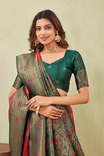 Image of Women's Banarasi Silk Saree with Rich Pallu, Jacquard Zari Weaving Work & Unstitched Blouse Piece, Traditional Ethnic for Wedding, Party & Festive Occasion