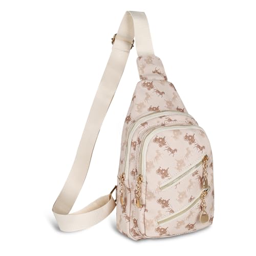 Relang Sling Bag for Women Crossbody, Leather Cross Body Fanny Packs for Women, Trendy Chest Bag for Travel and Daily Use Apricot colored horse