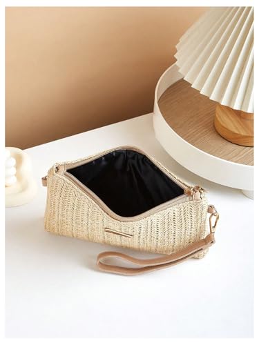 Women's Straw Square Shoulder Handbags Woven Chain Strap Crossbody Bags Zipper Beach Purse4