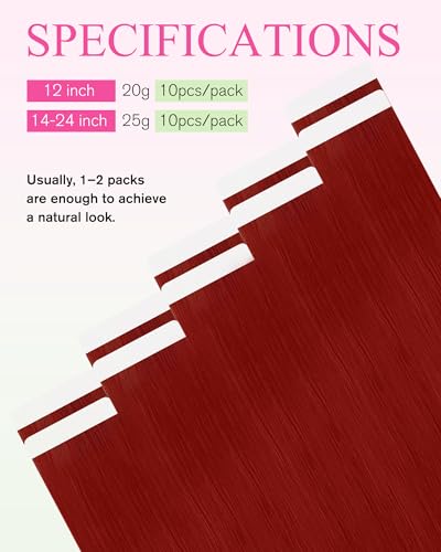 Image of YoungSee Tape Hair Extensions Red Tape in Extensions Human Hair Colored Can be Heat-styled Hair Extensions Real Human Hair Tape in for Women 10pcs 25g
