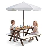Olakids Kids Picnic Table, Outdoor Wooden Bench Set with Cushions Adjustable Foldable Umbrella for Patio...