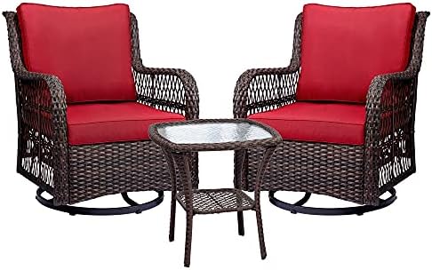 IDEALHOUSE 3 Pieces Outdoor Wicker Swivel Rocker Patio Set, 360 Degree Swivel Rocking Chairs Elegant Wicker Patio Bistro Set with Premuim Cushions and Armored Glass Top Side Table for Backyard (Rust)