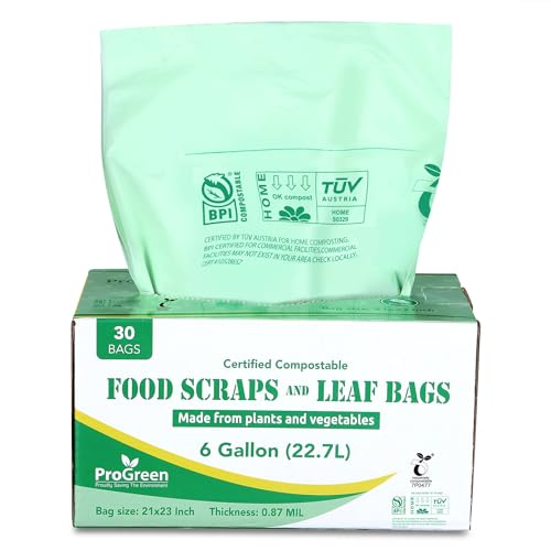 ProGreen Compostable Trash Bags, Extra Thick, Compost Kitchen Bin Bags, Food Scraps Yard Waste Bags, ASTM D6400 BPI and TÜV AUSTRIA Certified (6 Gallon, Pack of 30)