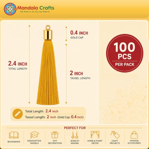 Image of Mandala Crafts Small Gold Tone Cap Gold Silky Bookmark Tassels with Loops | 100 PC, Machine Washable, Polyester, Mini, for Crafts Jewelry Making Graduation Decorations Keychains Gift Tags & Ornaments