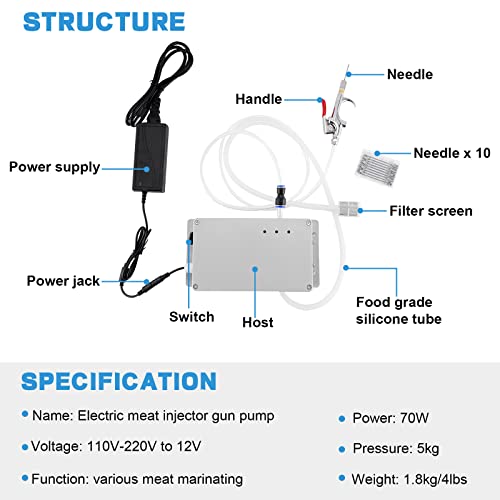 Electric Meat Injector Gun Pump with Hose - 70W Stainless Steel Marinade Injector Syringe, 10 Needles for BBQ, Turkey, Pork, Beef - Perfect for Home Grilling, Family Parties & Outdoor Cooking