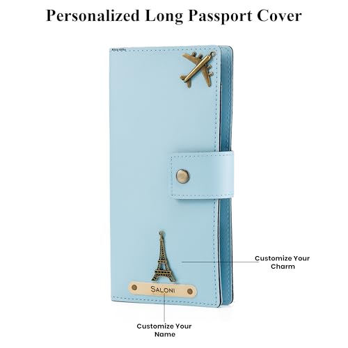 Image of AICA Personalized Name & Charm Long Leather Wallet Passport Cover (Babyblue) with Passport, Boarding Pass, Currency, Card Slot & Coin Holder for Men & Women| Gifts for Woman| Gift for Man|Diwali Gifts