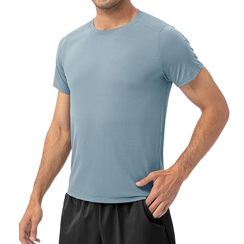 Zylphorix Men Quick Dry Round Collar T Shirt Breathable Fitness Sports Casual Shirt Summer Moisture Wicking Training Pullover (Grey Blue,Medium)