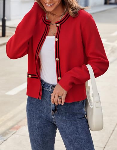Image of Ladyful Cropped Cardigan Sweater for Women Open Front Knit Tweed Jacket Button Down Fall Work Sweater Top