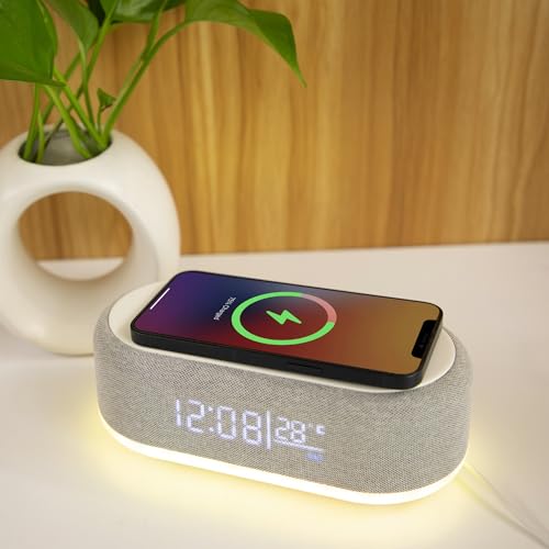 Westclox Fast Wireless Charging Alarm Clock with Speaker Night Light Digital Display Adjustable Brightness Indoor Temperature 12 or 24 Hour Time Electric Bedside Clock