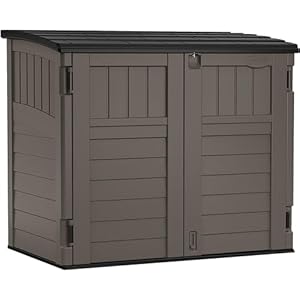 Suncast Modernist 4′ x 2.5′ Lockable Outdoor Garden Resin Low Profile Horizontal Storage Shed with 3 Doors, 34 Cubic Feet, Gray