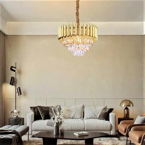 Modern K9 Crystal Chandeliers Gold -2Tier Round Crystal Chandelier for Living Room Colors.Warm White, Moon Light,Golden,Led Plate Included. (Round Full Gold, 300MM)