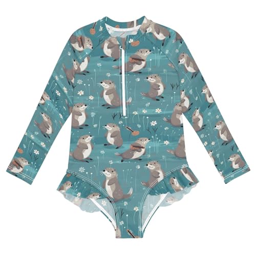 Kawaii Otters Fish Girls Long Sleeve Swimsuit UPF 50+ Rashguard Swimwear One Piece Bathing Suit for 3-12 21216694