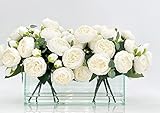 Modern Long White Rose Peony Arrangement, Artificial Faux Centerpiece Floral Flower Arrangement, Silk Flowers Glass Vase Home Decor (12 Inches)