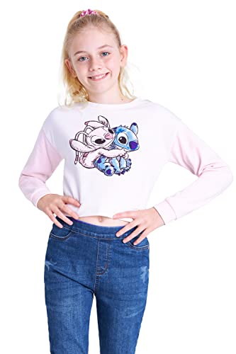 Disney Sudadera Niña Stitch, Sudadera Corta Niña, Sudadera Crop Top para Niñas Lilo y Stitch, Ropa para Niñas 7-14 años (7-8 años, Beige/Rosa)