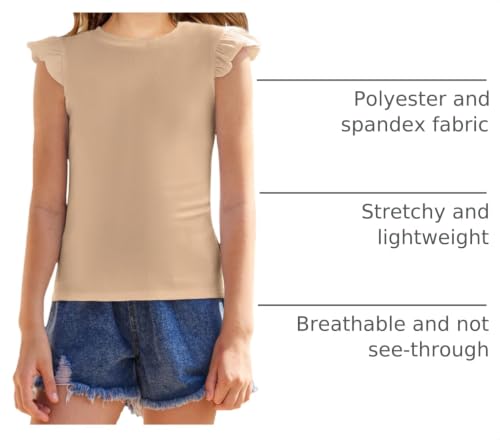 Image of Flypigs Girls T Shirts Ruffle Sleeve Summer Casual Ribbed Knit Crewneck Tee Tops Blouses