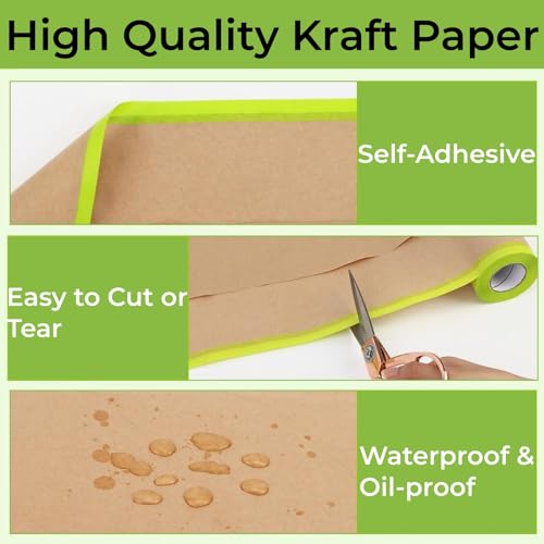 Image of Pre-Taped Painting Masking Paper: 8 Rolls 6 Inch x 50 Feet Tape and Drape Painters Paper, Self-Adhesive Paint Protective Kraft Paper Roll
