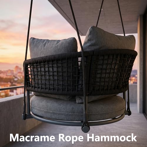 Image of Swing Chair Outdoor, Single Hanging Porch Swing, Ceiling Hanging Chair for Bedroom, 106 inch Adjustable Rope Swinging Chair Indoor, Heavy Duty 400lbs Patio Outdoor Swings for Balcony, Rope Black