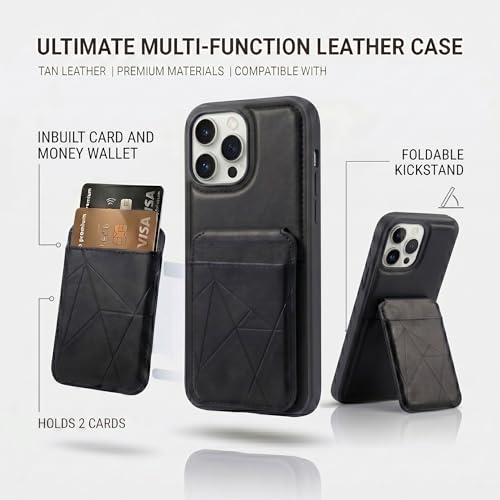 Image of amazon basics Premium Vegan Leather Back Cover with Card Holder and Integrated Mobile Stand for iPhone 16 Pro Max - Slim Shockproof Wallet Case with Geometric Stitching [Black]