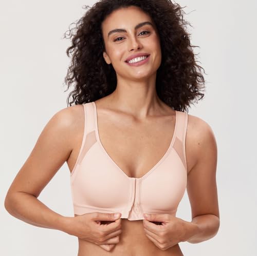 DELIMIRA Women's Full Coverage Front Closure Wire Free Back Support Posture Bra Apricot Pink 34B