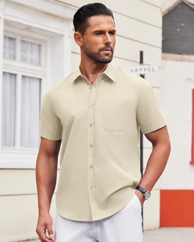 Image of Alimens & Gentle Men's Short Sleeve Dress Shirts Wrinkle Free Untucked Casual Button Down Shirt