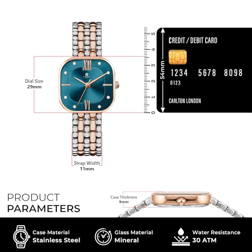 Image of Carlton London Chelsea Women Stainless Steel Analog Watch | Silver Waterproof Watches for Women Girls Ladies | Luxury Square Watch | Fashionable Trendy Quartz Movement Wrist Watch