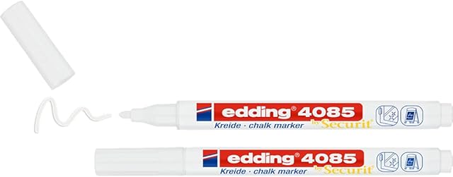edding 4085 chalk marker - white - 2 chalk pens - round nib 1-2 mm - fine-nib wet wipe pen for chalkboards, windows, glass, mirrors - liquid chalk marker pens for opaque coverage