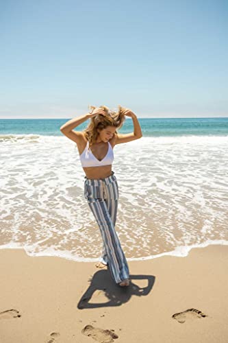 Cali1850 Women's Casual Linen Pants - 32" Inseam Oceanside Drawstring Smocked Waist Lounge Beach Trousers With Pockets 7024Z-Lnn247 Navivry S Navy Ivory #TOP4