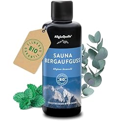AllgäuQuelle® Saunaaufguss mit 100% BIO-Öle Atemwohl Eukalyptus Minze Salbei Cajeput (100ml). Natürlicher Sauna-aufguss m. ätherische Sauna-Öle im Aufguss-Mittel. Saunaöl naturrein Bio-Saunaduft
