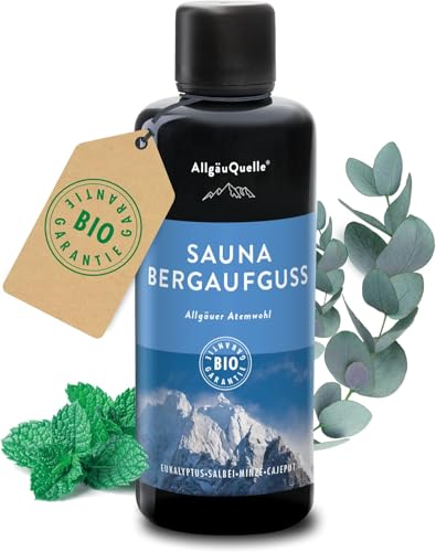 AllgäuQuelle® Saunaaufguss mit 100% BIO-Öle Atemwohl Eukalyptus Minze Salbei Cajeput (100ml). Natürlicher Sauna-aufguss m. ätherische Sauna-Öle im Aufguss-Mittel. Saunaöl naturrein Bio-Saunaduft