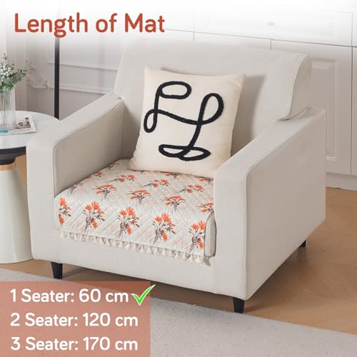 Image of HOKIPO Autumn Blossom Quilted Sofa Cover Mat with Tassels for 1 Seater 'Tassel Twigs' Series (IN-982-T5)