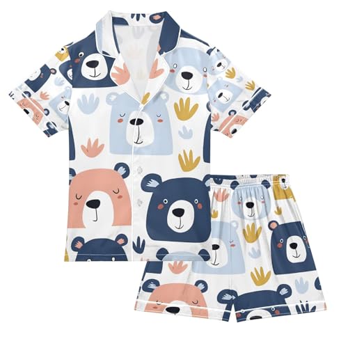 senya Fantastic Bears A Satin Summer Pajama Sets Silk Short Sleeve Button Down Sleepwear