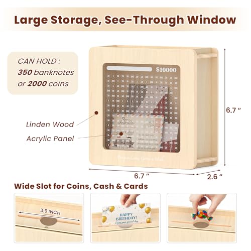 Image of Summidate Wooden Money Saving Box: $10000 Challenge Cash Vault Piggy Bank