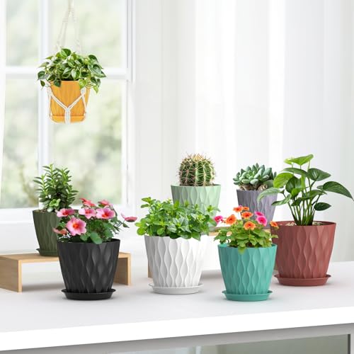 Meowell 7/6.5/6/5.5/5/4.5/4 inch Plant Pots for Indoor Outdoor Plants, 7 Pack Thick Flower Pots with Drainage Holes and Saucers, Modern Wave Texture Small Plastic Planters Nursery Pots, Multicolor by Meowell - Image 4
