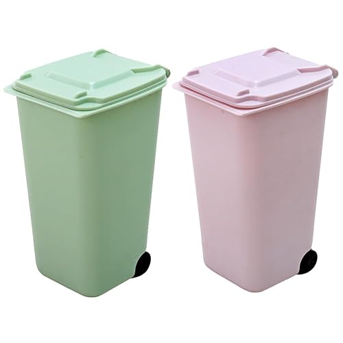 STOBAZA 2 botes de basura pequeños para interior de compost, para lápices, mini bote de basura con tapa, cubos de plástico para dormitorio, pequeños