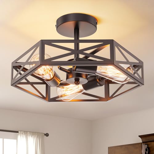 LMSOD Modern Farmhouse 3-Light Black Ceiling Light, Industrial Semi Flush