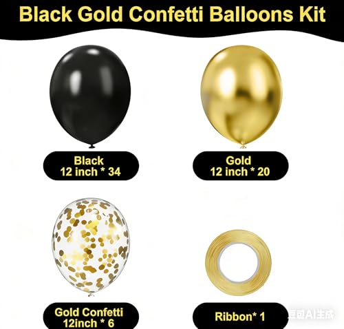 Image of Black and Gold Balloons, 60PCS 12 Inch Gold and Black Confetti Balloons, Gold Latex Balloons for Birthday New Year Wedding Graduation