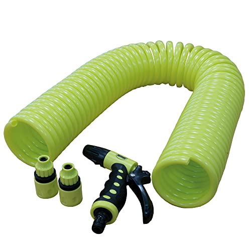 Amig - Tubo | Tipo elicoidale a spirale | 15 m | Include 4 accessori | Con pistola di irrigazione, adattatore rubinetto e 2 raccordi rapidi | gomma EVA | verde pistacchio