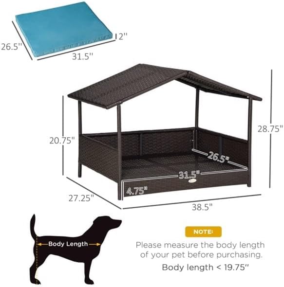 Miniatura 3 de Cama para perro de ratán para exteriores e interiores con cojín, sofá elevado para mascotas con patas antideslizantes, marco de acero resistente a