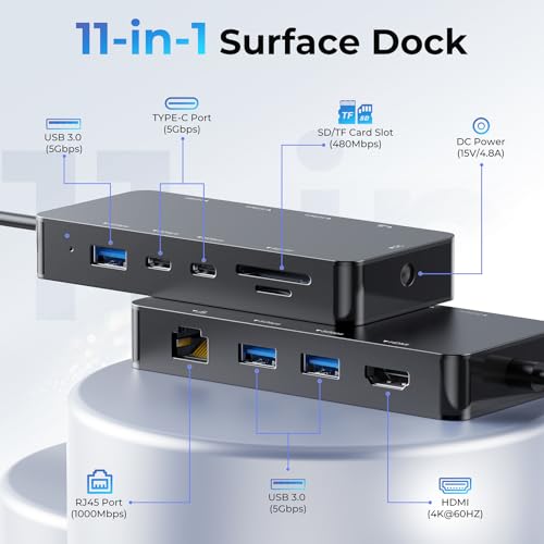 Image of New MS Surface Dock, 11-in-1 Surface Docking Station 4K@60HZ HDMI, Surface Travel Hub for Surface Pro 11 /10 /9 /8 /X /7 /6 /5 /4 /3, Surface Laptop 6 /5 /4 /3 /2 /1, Laptop Go 3 /2 /1, Surface Book