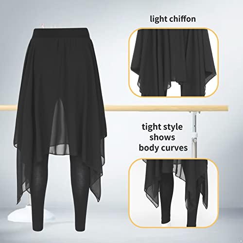 Foto von Alvivi Damen Rock Chiffon Hosenrock Asymmetrisch Rock Sommer Ballettrock Tanzrock mit Tight Leggings Ballerina Latein Yoga Gym Dancewear A Schwarz L