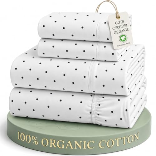 Image of LANE LINEN King Sheet Set 100% Organic Cotton Cooling Soft 4pc - Polka Dot | King Sheets In 100% Organic Cotton Percale - Honest-Price Organic Quality, Crisp, Cool & Breathable, For Hot Sleepers