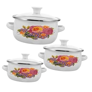 Garneck Blumenmuster Emaille Simmertopfset 3 Stk
