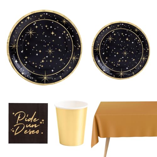 OH YEAH - Kit Vajilla Desechable 12 Personas Nochevieja - 62 Piezas - Destellos - Platos, Vasos y Servilletas Fin de Año - Decoración Mesa Festivas Happy New Year - Detalles Dorados Metalizados