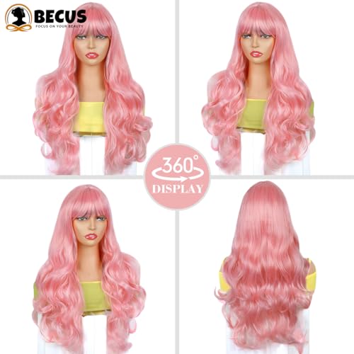 BECUS Pink Wig Body Wavy Wigs for Women Synthetic Wig Natural Curly with Straight Bangs for Cosplay Party Halloween Costume(24"-Pink) - Image 2