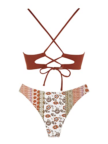 ZAFUL Women's Sexy Triangle Bikini Set Floral Print Spaghetti Strap 2 Piece Swimsuit Crisscross High Cut Bathing Suit2