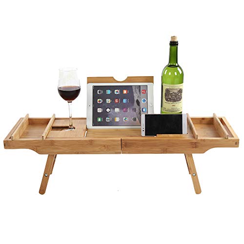 Bandeja de baño multifuncional con patas extensibles, resistente bandeja de cama de bambú para bañera con soporte para vino y soporte para tableta, bandeja de cama de baño ajustable, tamaño máximo