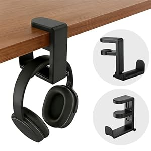 Soporte universal para auriculares y soporte para auriculares, gancho giratorio de 360° para auriculares debajo del escritorio con clip de gestión de cables (negro)
